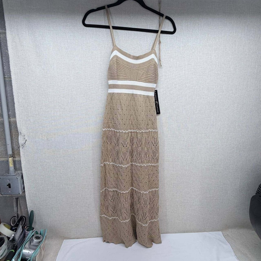 Almost Famous Tan White Knit Pointelle Maxi Dress Small NWT Spaghetti Strap Boho